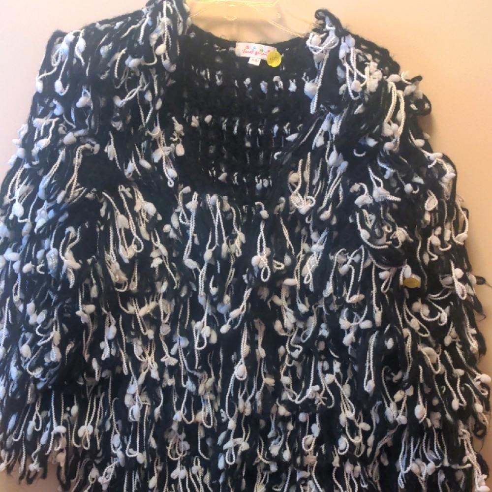 Unique Black and White Fringe Sweater. Open front. Top clasp.